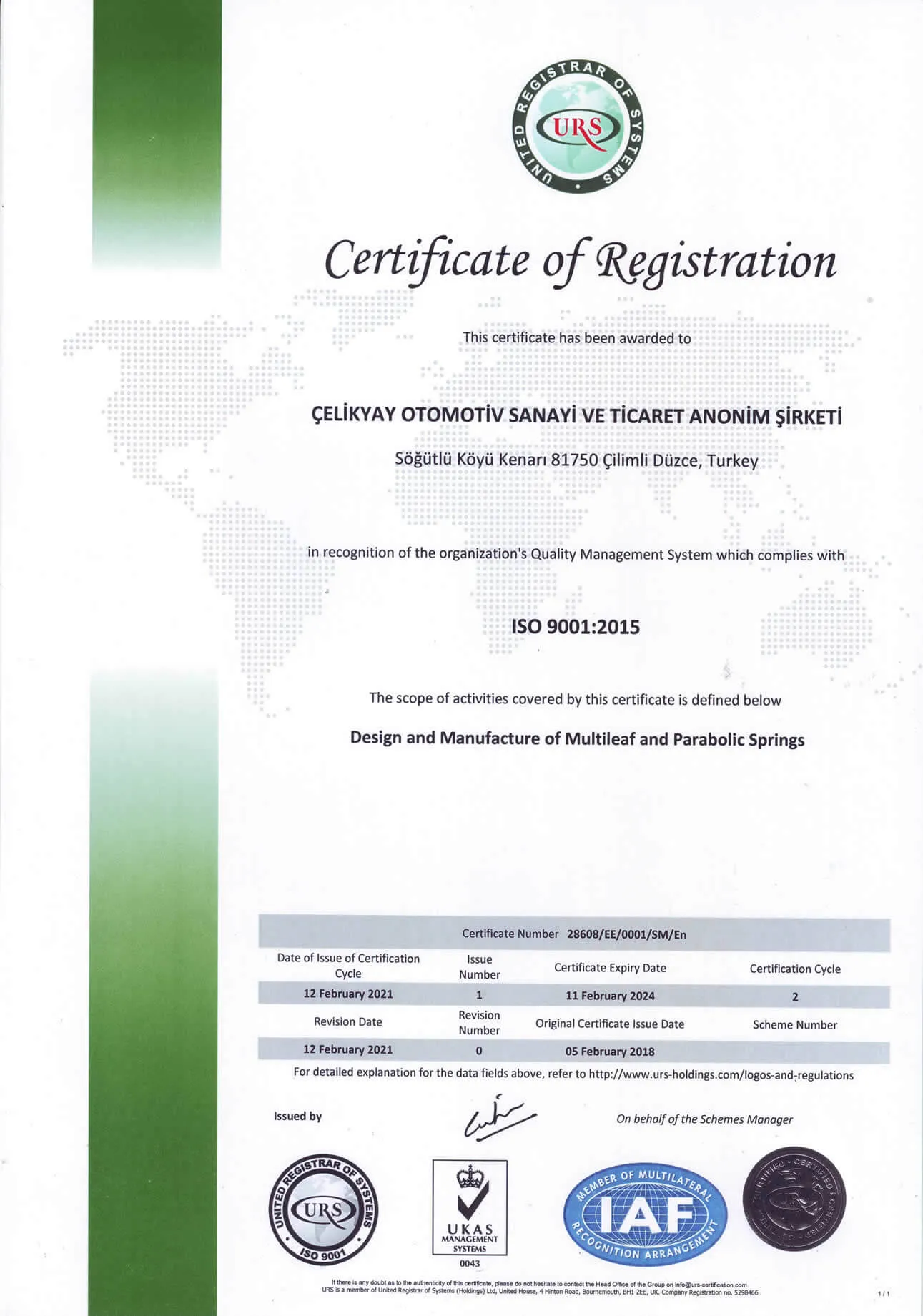 ISO 9001:2015 kalite yönetim sistemi sertifikası