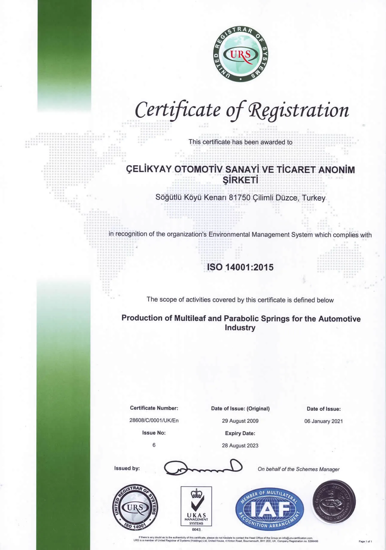 ISO 14001:2015 çevre yönetim sistemi sertifikası