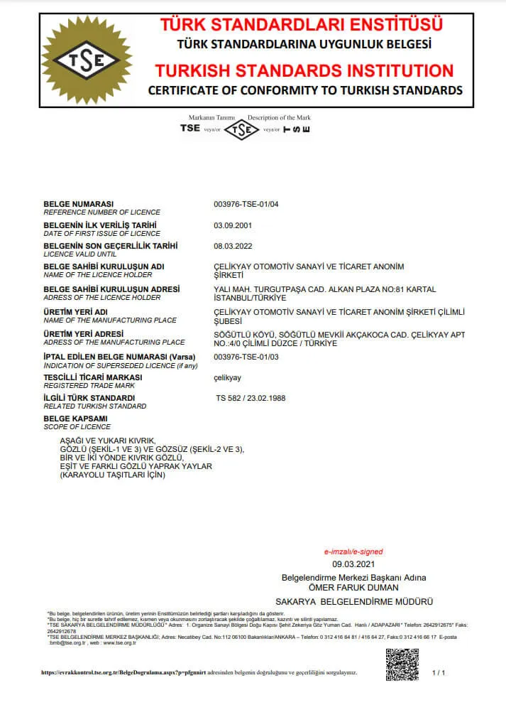 Türk Standardları Enstitüsü TSE uygunluk belgesi